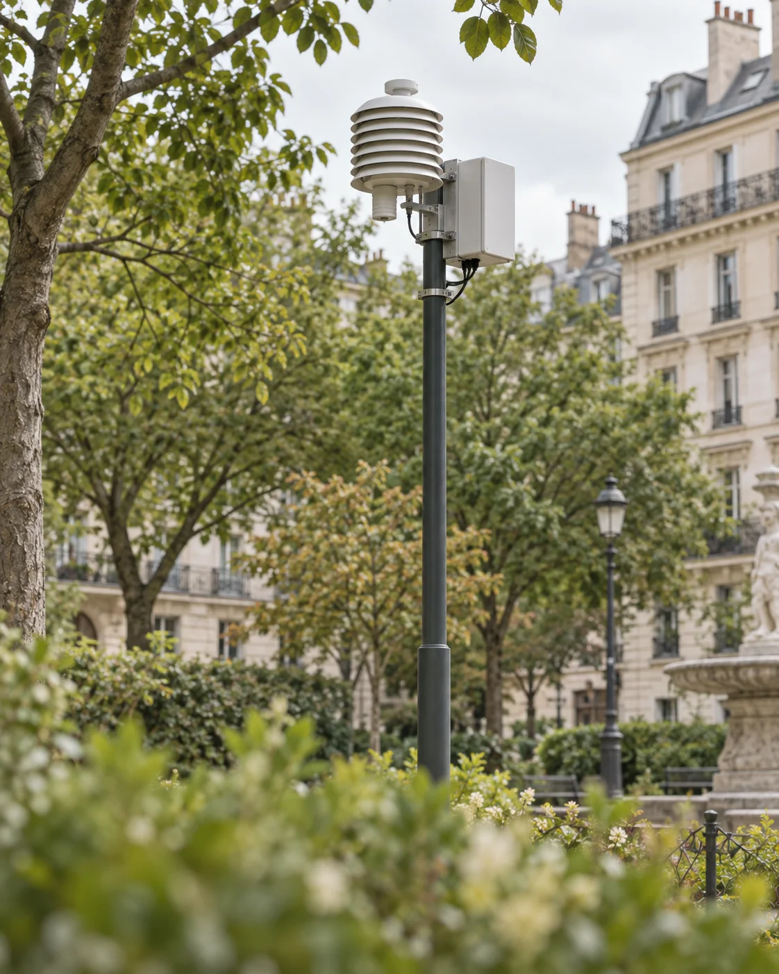 Air quality and temperature sensor installed in a leafy city square