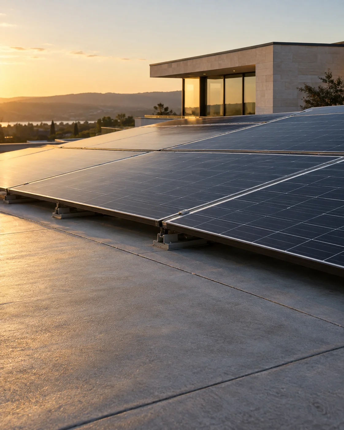 Solar panels on a contemporary building rooftop
