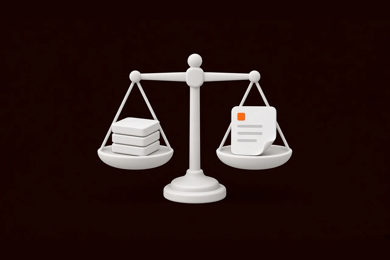 White 3D scales balancing software blocks and a document on a dark burgundy background.